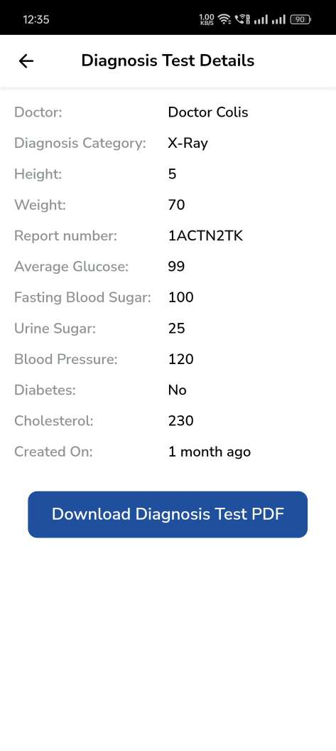 Hospital Management System — patient app — Diagnosis Test Detail